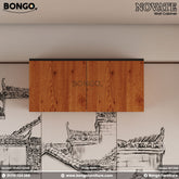 A brown Novate wall cabinet with doors open showing storage inside, mounted on a wall with a decorative drawing below.